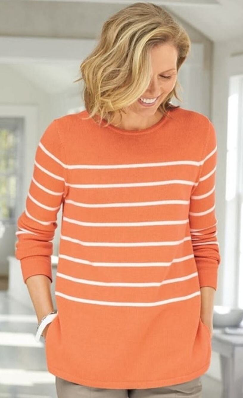 J. Jill Orange White Striped Cotton Knit Crewneck Sweater Preppy Women Medium